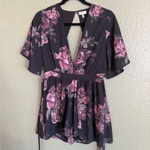 TOBI Black Floral Deep-V Peplum Romper - Pink Rose Print